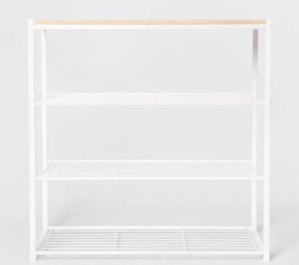 4 Tier Shoe Rack White Metal with Natural Wood 